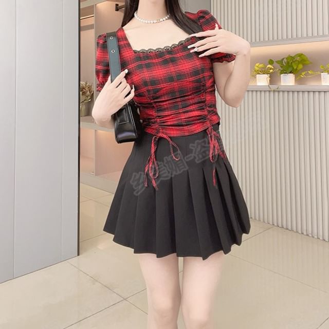 Woohan-Puff-Sleeve Square Neck Plaid Lace Trim Drawstring Blouse