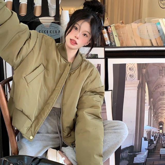 Guromo-Plain Padded Cropped Bomber Jacket