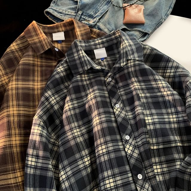 GRAYCIOUS-Long-Sleeve Plaid Button-Up Shirt