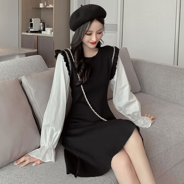 Everose-Long-Sleeve Two-Tone A-Line Dress