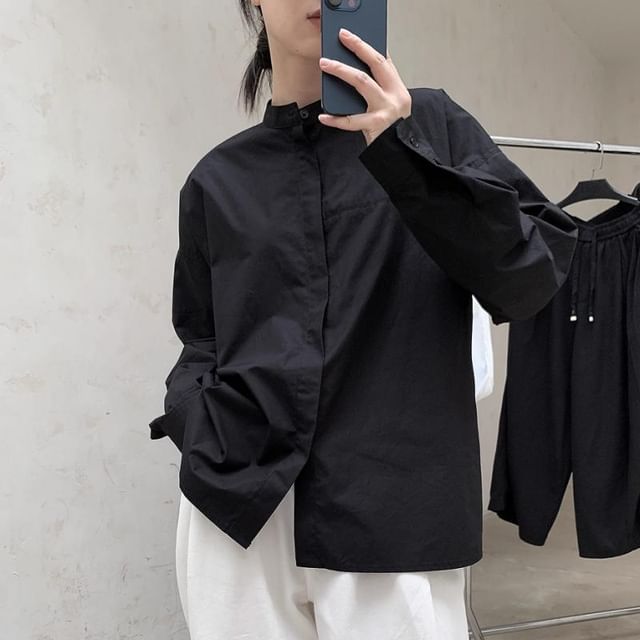 SIMPLE BLACK-Long-Sleeve Stand Collar Plain Button-Up Shirt