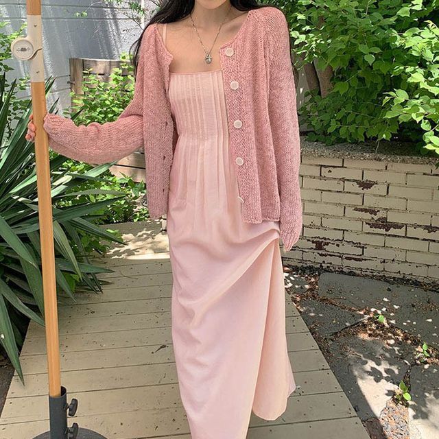 Felipopsta Plain Cardigan Spaghetti Strap Pintuck Midi A-Line