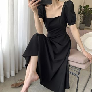 Puff Sleeve Square Neck Midi Dress