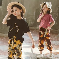 PAM - Kids Set: Short-Sleeve Rabbit Print T-Shirt + Geometric Print Harem Pants PAM - Kids Set: Short-Sleeve Rabbit Print T-Shirt + Geometric Print Harem Pants