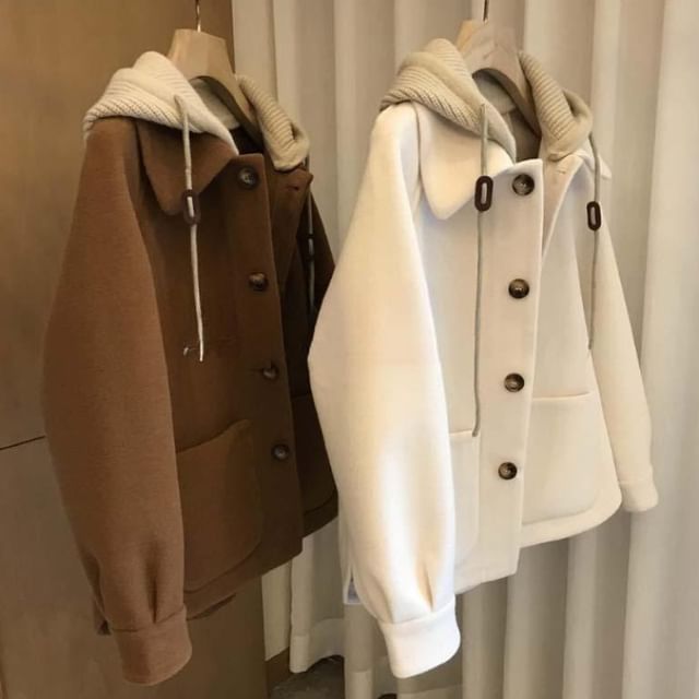 Melon Juice-Mock Two-Piece Two Tone Knit Panel Hooded Button-Up Jacket