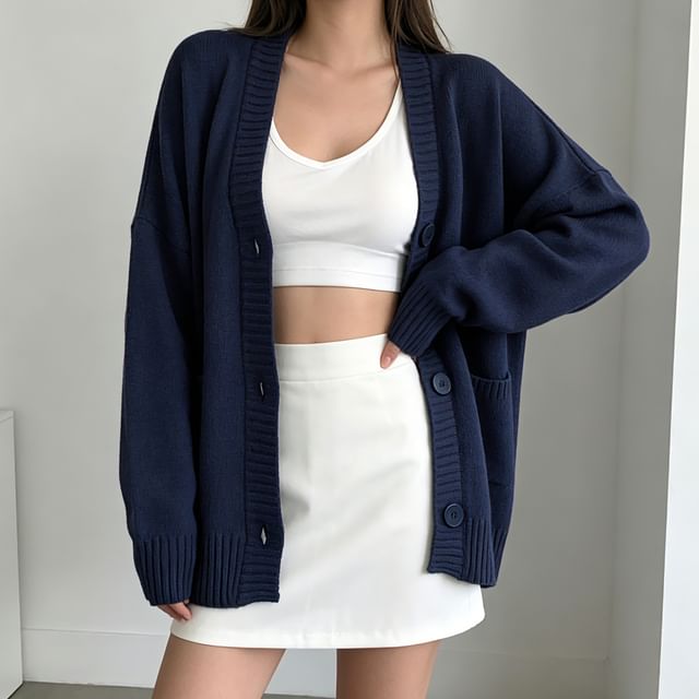 Janerium-V-Neck Plain Cardigan