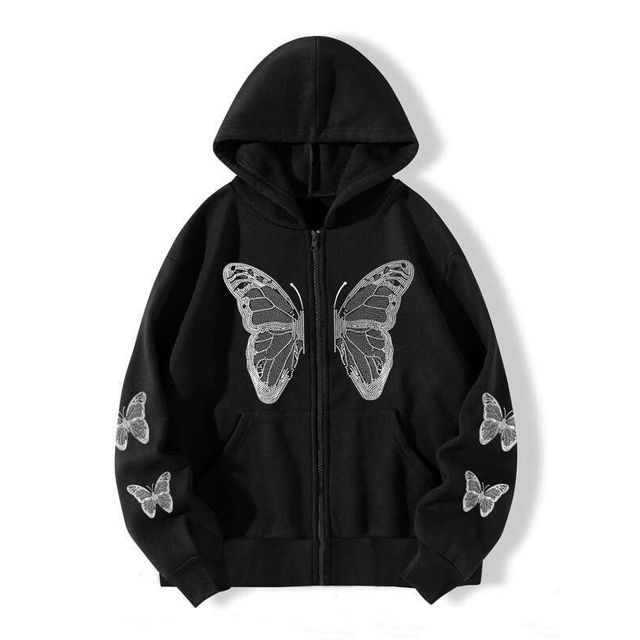 Butterfly Rhinestone Zip-Up Hoodie