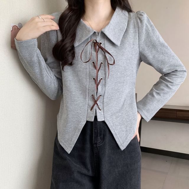 Sisyphi-Long Sleeve Collared Plain Lace-Up Cropped Top