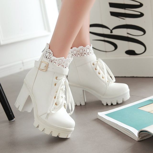 Freesia-Block Heel Lace Up Short Boots