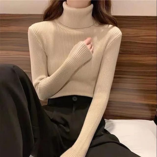 Sisyphi-Long-Sleeve Turtleneck Plain Knit Top