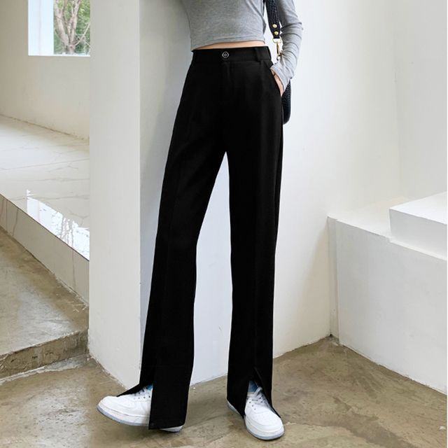 Everose - High Rise Plain Slit Bootcut Dress Pants | YesStyle