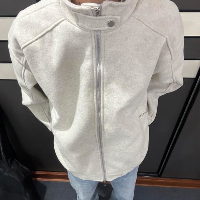 DragonRoad-Stand Collar Plain Panel Zip Jacket