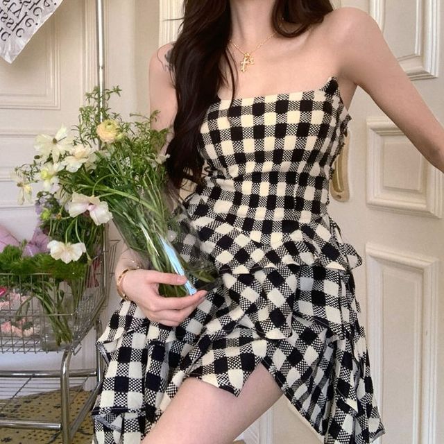 Gilmort - Strapless Gingham Irregular Mini A-Line Dress | YesStyle