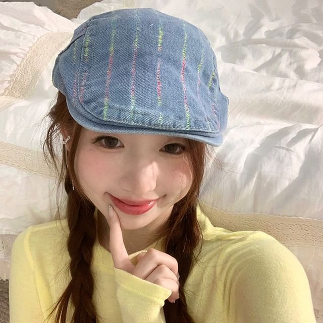 Sparktage-Striped Washed Denim Flat Cap