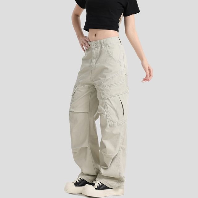 Banash-Mid Rise Plain Baggy Cargo Pants