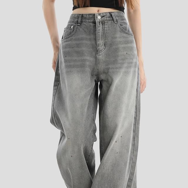 INStudio-High Waist Washed Wide Leg Jeans