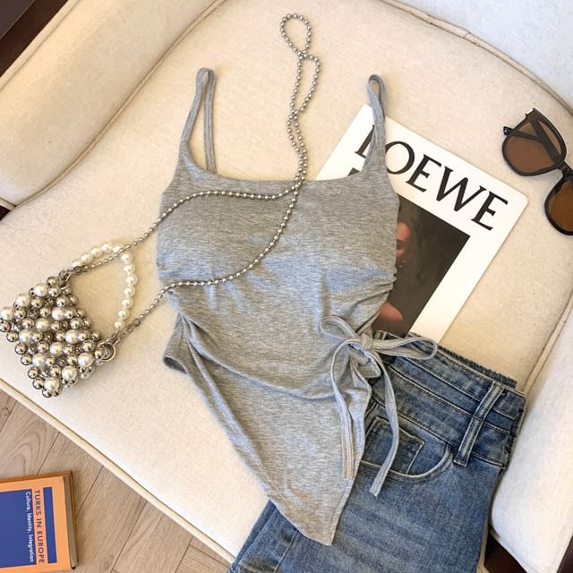 Dragan Pulse-Scoop Neck Plain Drawstring Crop Camisole Top
