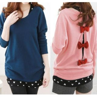 Rocho - Set: Long-Sleeved Bow-Accent Cardigan + Heart Print Knit Tank Top