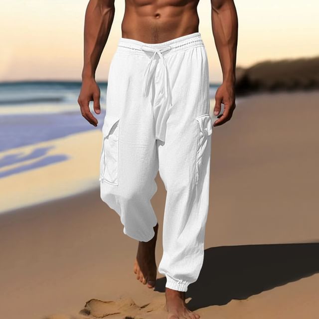 Double White-Drawstring Waist Plain Harem Cargo Pants
