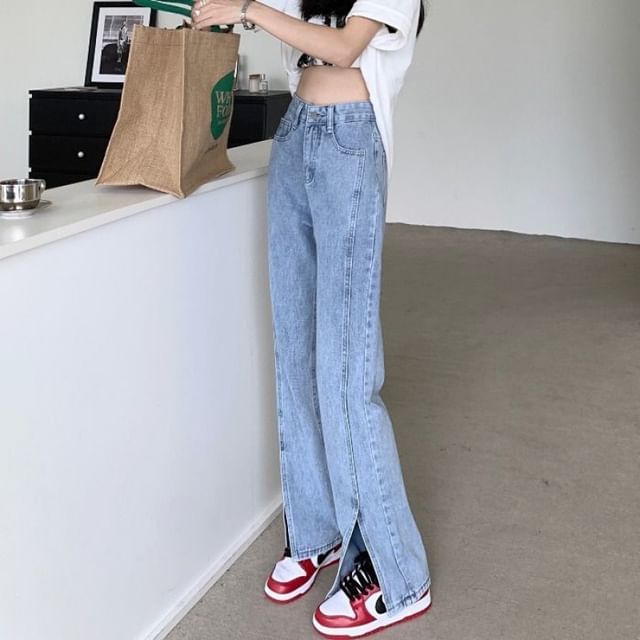 Sisyphi-High Rise Washed Slit Straight Leg Jeans