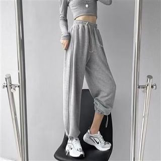 Everose-Drawstring Waist Plain Loose Fit Sweatpants