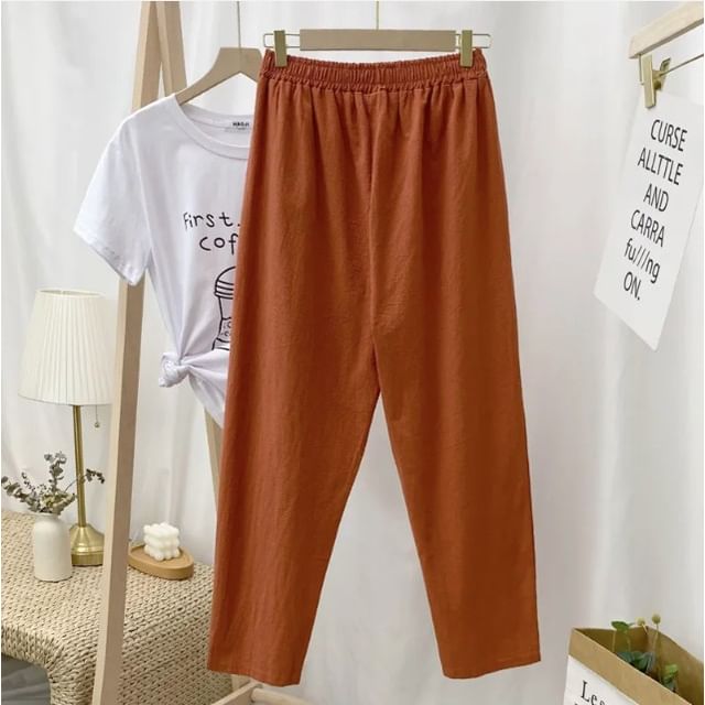 MIKIGA-Elastic Waist Plain Cropped Tapered Pants