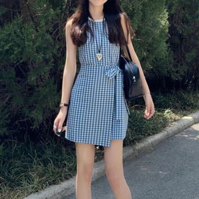 monroll-Sleeveless Gingham Bow Mini A-Line Dress