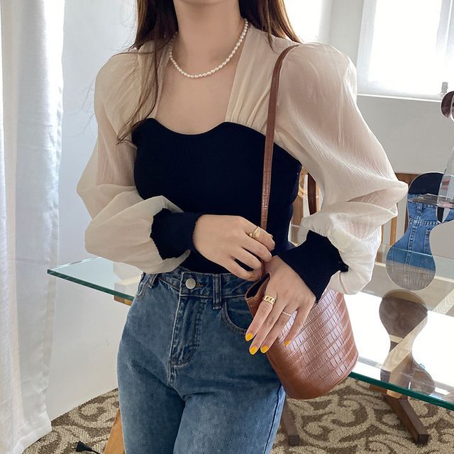 MIKIGA-Long-Sleeve Square Neck Plain Panel Chiffon Blouse