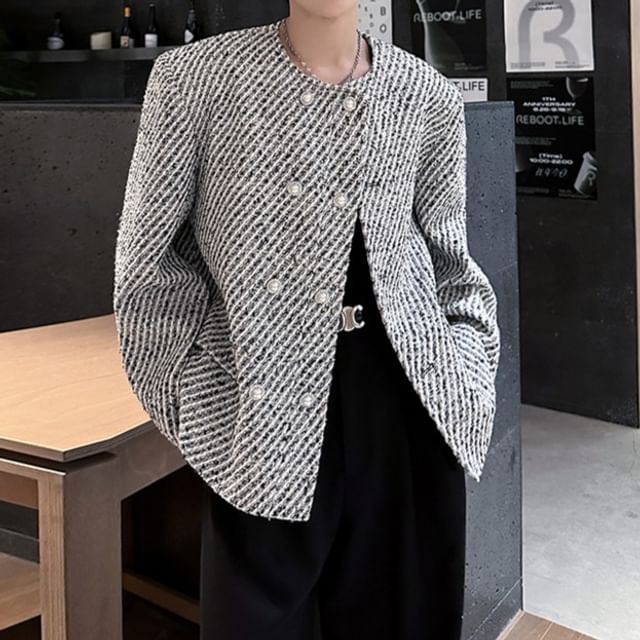 Omozando-Round Neck Striped Faux Pearl Double-Breasted Jacket