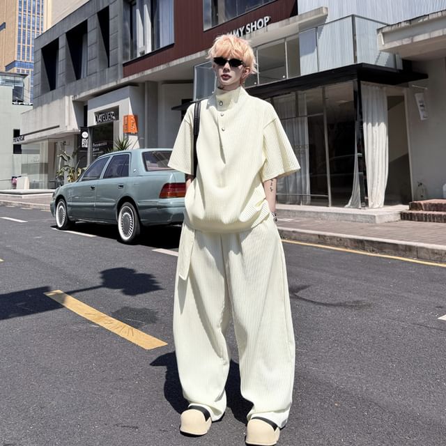 ravewider-Set 34-Sleeve Stand Collar Asymmetrical Half-Buttoned Plain T-Shirt Mid Rise Wide Leg Pants