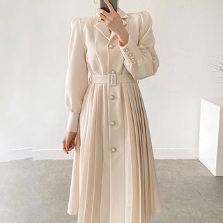 palajana Lapel Collar Plain Faux Pearl Buttoned Belted Pleated Midi A-Line Blazer Dress