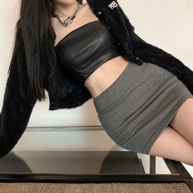 OUREA-High Waist Plain Mini Pencil Skirt