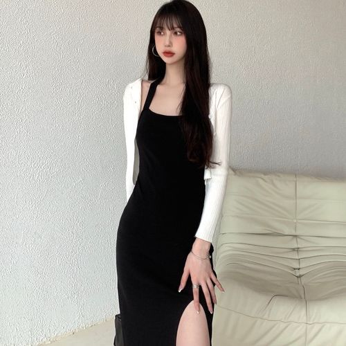 Korean Fashion Open Shoulder Long Sleeve Side Slit Bodycon Dress