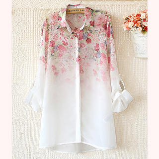 JVL Tab-Sleeve Floral Chiffon Shirt | YesStyle