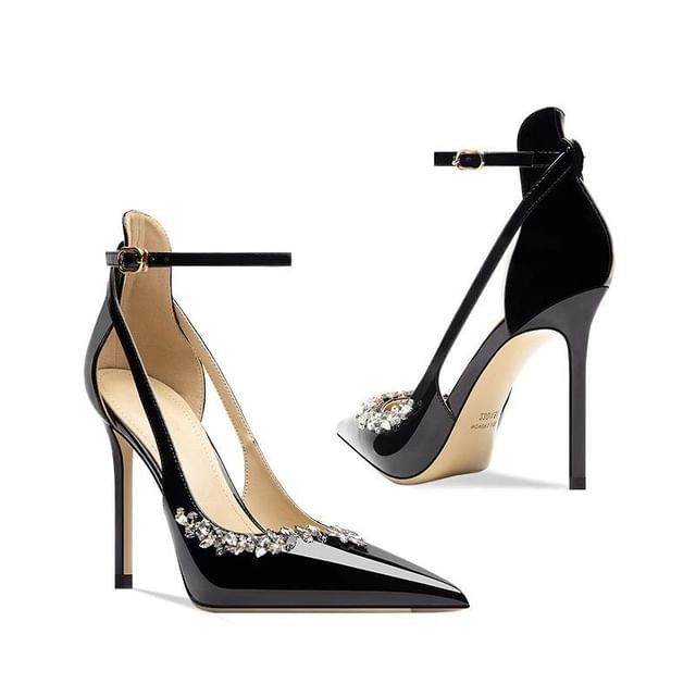 Anjay-Pointed Toe Rhinestone Ankle Strap Patent Leather Stiletto Pumps