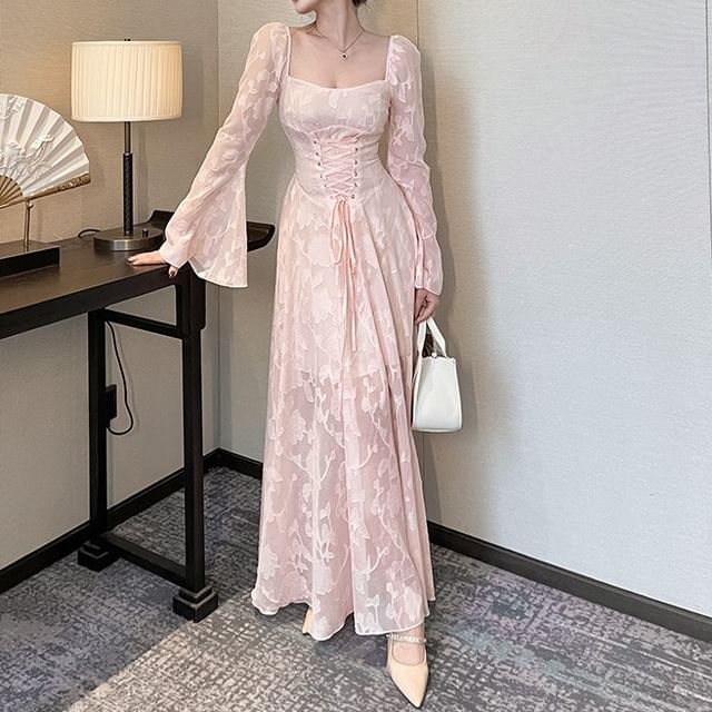 Caarnil - Bell Sleeve Square Neck Floral Patterned Lace Up Maxi A-Line Dress | YesStyle Caarnil - Bell Sleeve Square Neck Floral Patterned Lace Up Maxi A-Line Dress | YesStyle