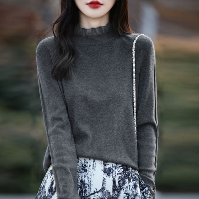 Weelop-Long Sleeve Mock Neck Plain Frill Knit Top