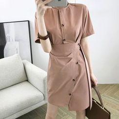 Pringe - Set: Single-Breasted Short-Sleeve Mini Dress + Side-Slit Mini A-Line Skirt Pringe - Set: Single-Breasted Short-Sleeve Mini Dress + Side-Slit Mini A-Line Skirt
