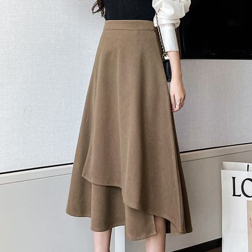 Muzly - Plain Asymmetrical Midi A-Line Skirt | YesStyle