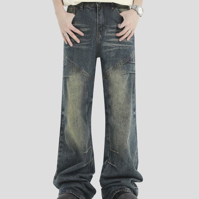 INStudio-Mid Rise Washed Panel Straight Leg Jeans