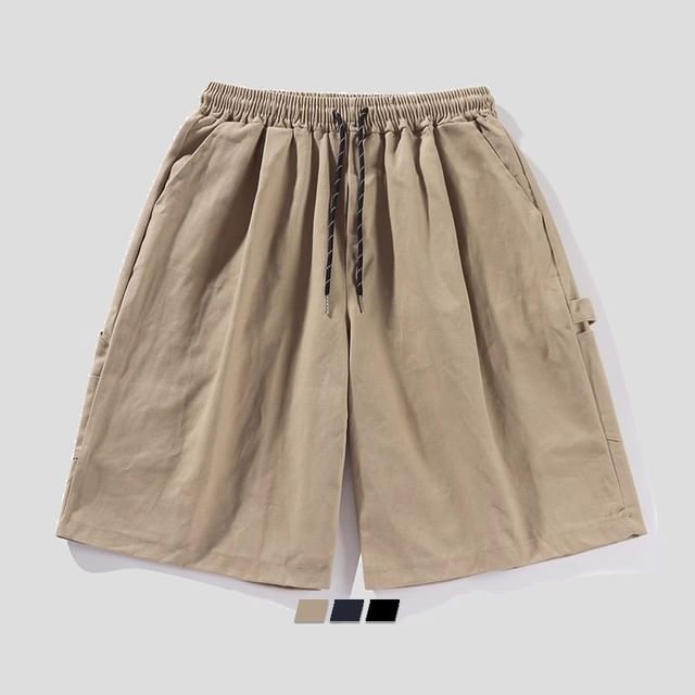 purplelouve-Drawstring Waist Plain Cargo Shorts