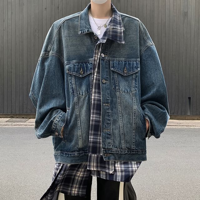 Plummie-Collared Plaid Washed Mock Two Piece Button Denim Jacket