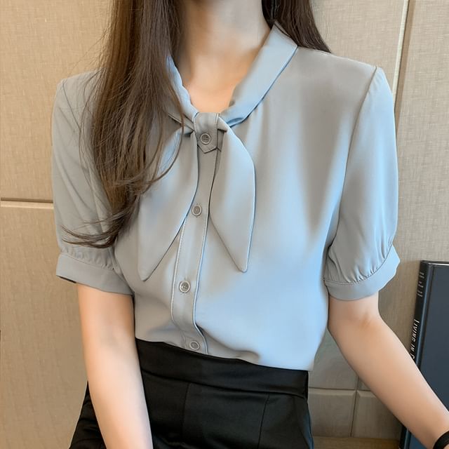 Dragan Pulse-Short-Sleeve Scarf Neck Button-Up Plain Blouse