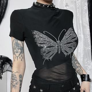 meadowdrop Short-Sleeve Mock Neck Rhinestone Butterfly Print Mesh Panel T-Shirt