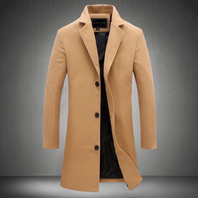 FORSETI-Notch Lapel Plain Button-Up Long Coat