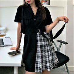 Serendipitous(セレンディピタス) - Short-Sleeve Plaid Panel Open-Collar A-Line Mini Shirtdress Serendipitous(セレンディピタス) - Short-Sleeve Plaid Panel Open-Collar A-Line Mini Shirtdress