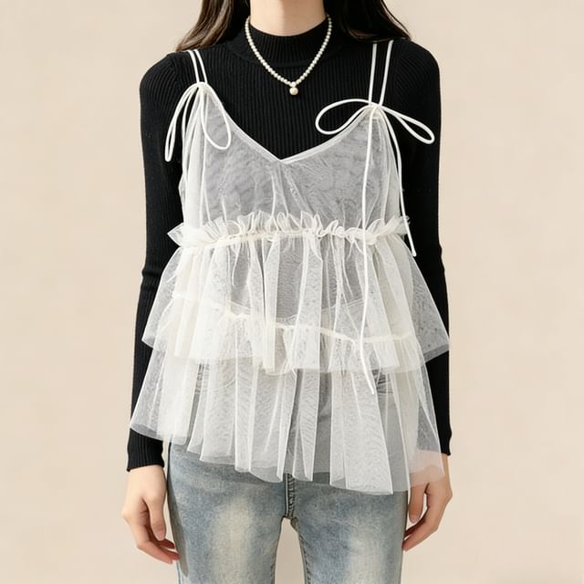 Lemongrass-Layered Mesh Flowy Camisole Top