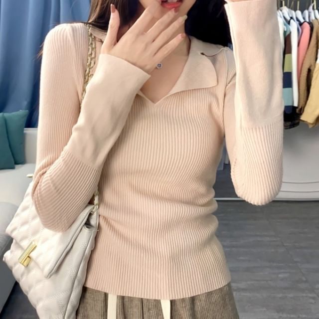 Maisee-Long-Sleeve Lapel Collar Ribbed Knit Top