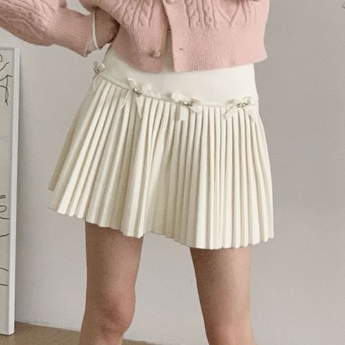 CaraMelody High Waist Plain Mini Pleated Skirt Tie Neck Blouse