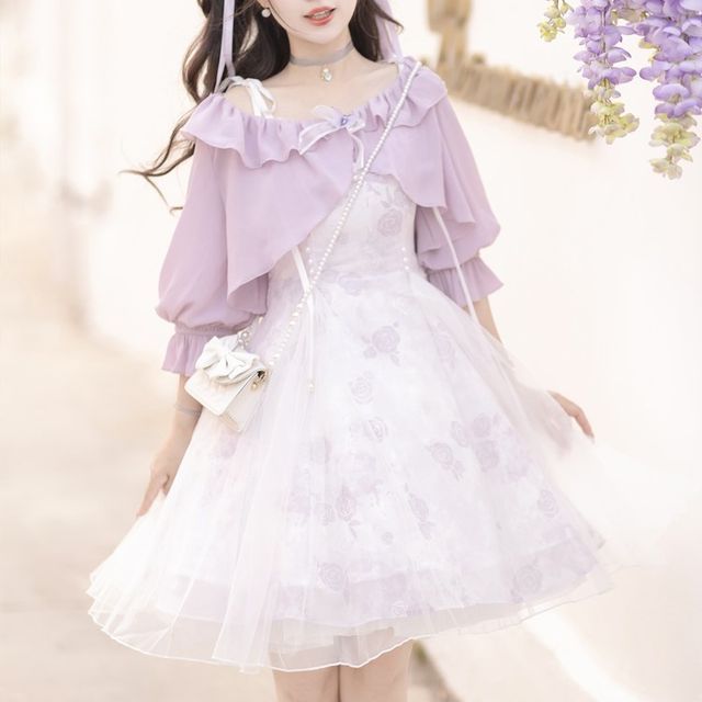 GOGO Girl Short-Sleeve Plain Shrug Spaghetti Strap Mesh Tiered